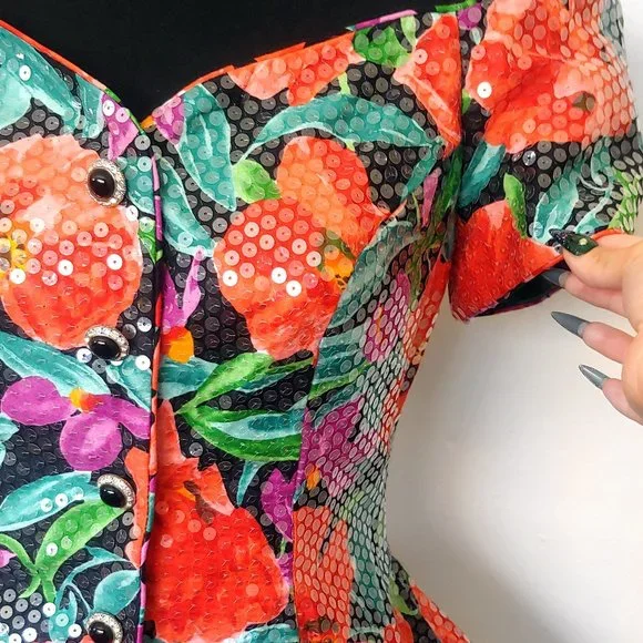 Vintage WILD 1980s Glam Floral Pinup Peplum Top - Picture 2 of 5